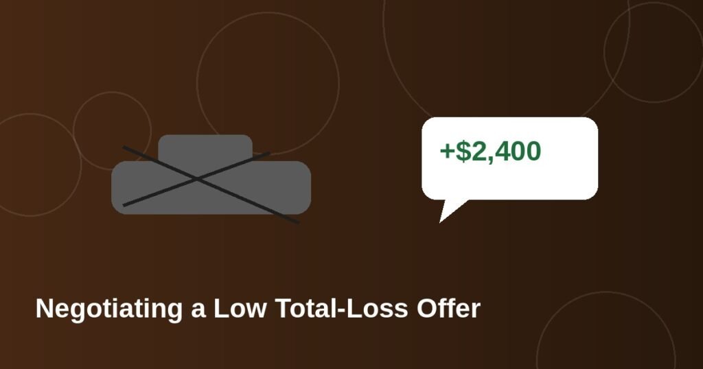 Illustration of a totaled car with a negotiation speech bubble showing a higher offer