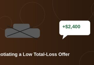 Illustration of a totaled car with a negotiation speech bubble showing a higher offer