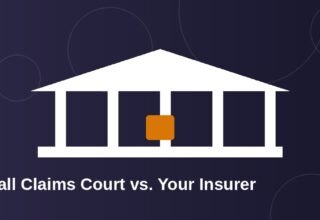 Illustration of a small claims courthouse with a car accident case file